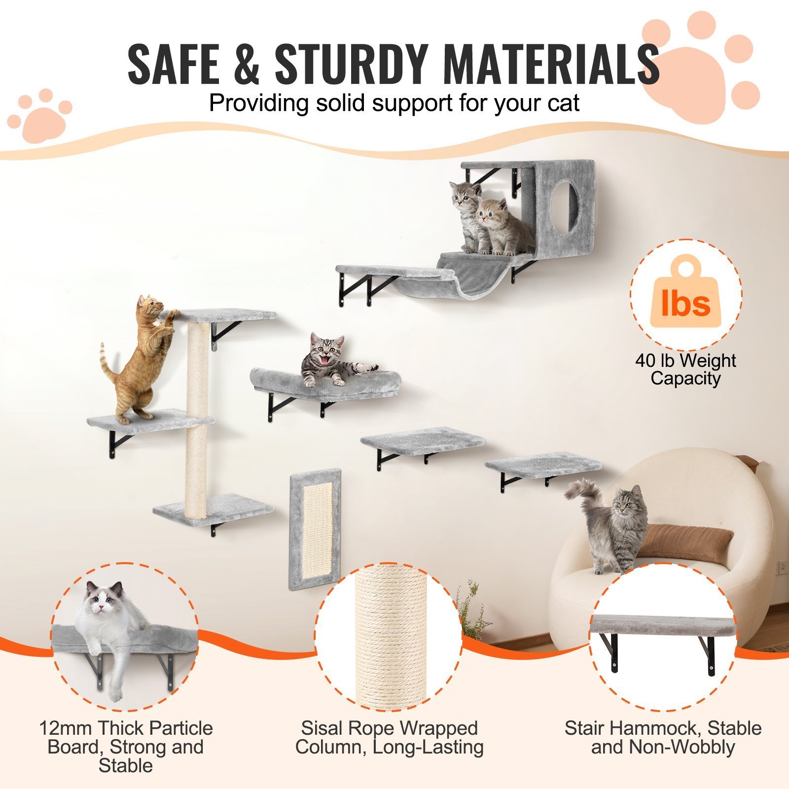 Wall Mounted Cat Shelves, For Sleeping, Playing, Climbing, Set Of 6 - Image 6