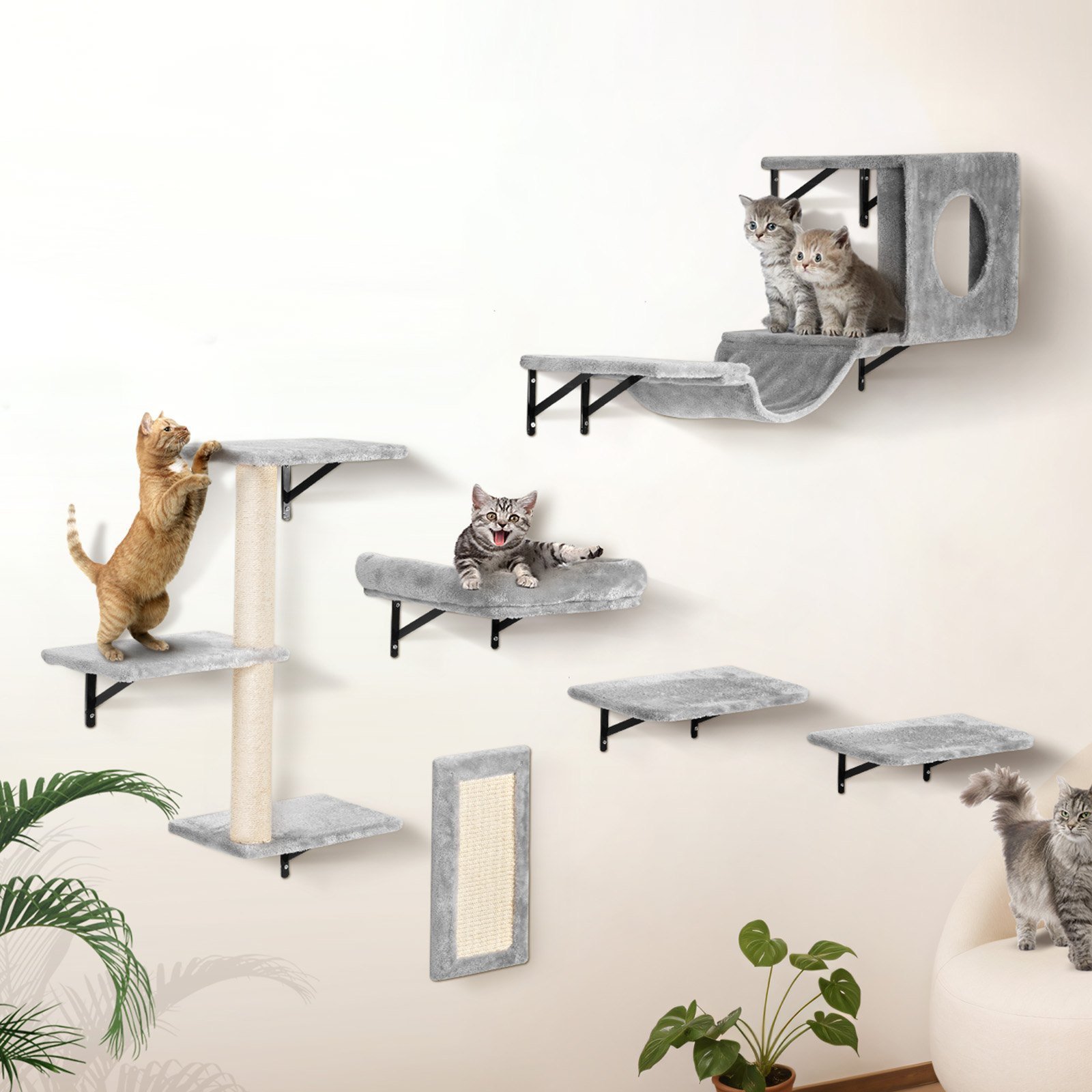 Wall Mounted Cat Shelves, For Sleeping, Playing, Climbing, Set Of 6
