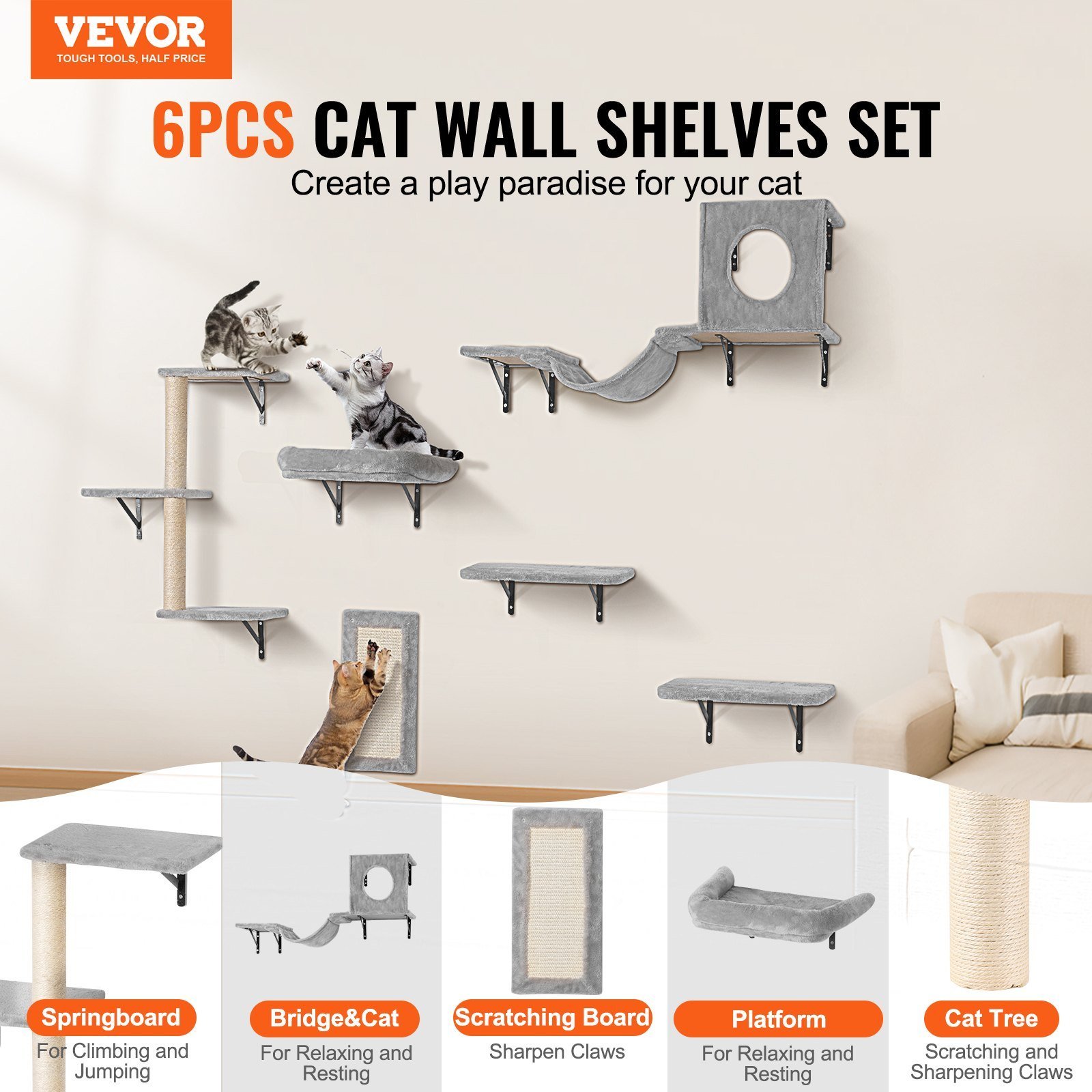Wall Mounted Cat Shelves, For Sleeping, Playing, Climbing, Set Of 6 - Image 3