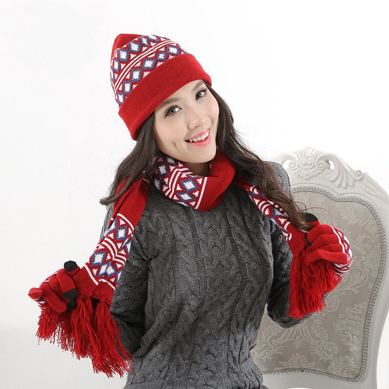 Winter Warm Wool Knitted Hat Scarf Gloves - Image 2